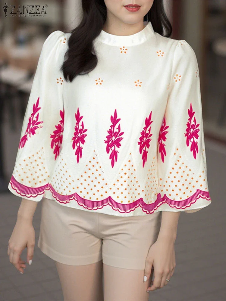 

ZANZEA Women Blouse Summer Print Elegant Shirt 2025 Fashion Stand Collar Puff Sleeve Tops Casual Tunic Korean Office Lady Blusas