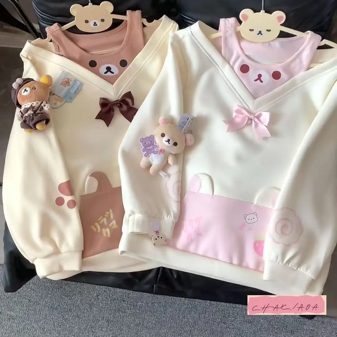 

Sweet and Cute Y2K Printed Bow Top Autumn and Winter Cartoon Animation Cotton Lon Sleeved Fake Two Piece Fun Girl Hoodie New