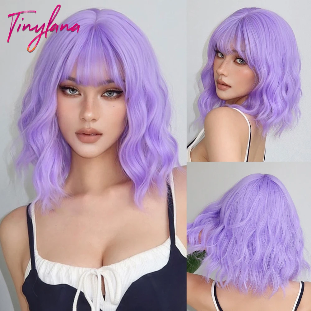 Light Purple Curly Cosplay Synthetic Hair Wigs with Bangs Short Wavy Colorful Wig for Women Afro Halloween Party Heat Resistant