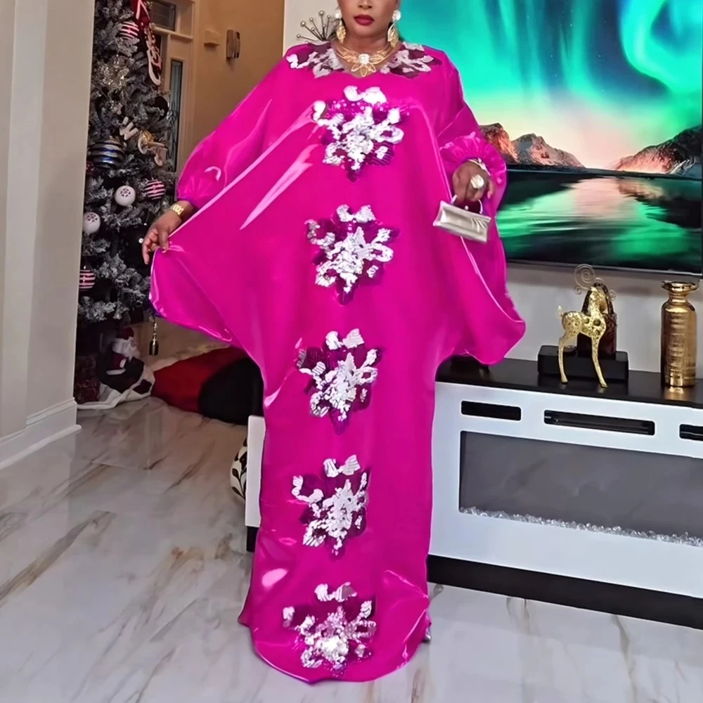 

African Plus Size Kaftan Dress Sequin Flower Embroidery Loose-Fit Puff Sleeves Wedding Party Djellaba Gown Turkey Dress 2026