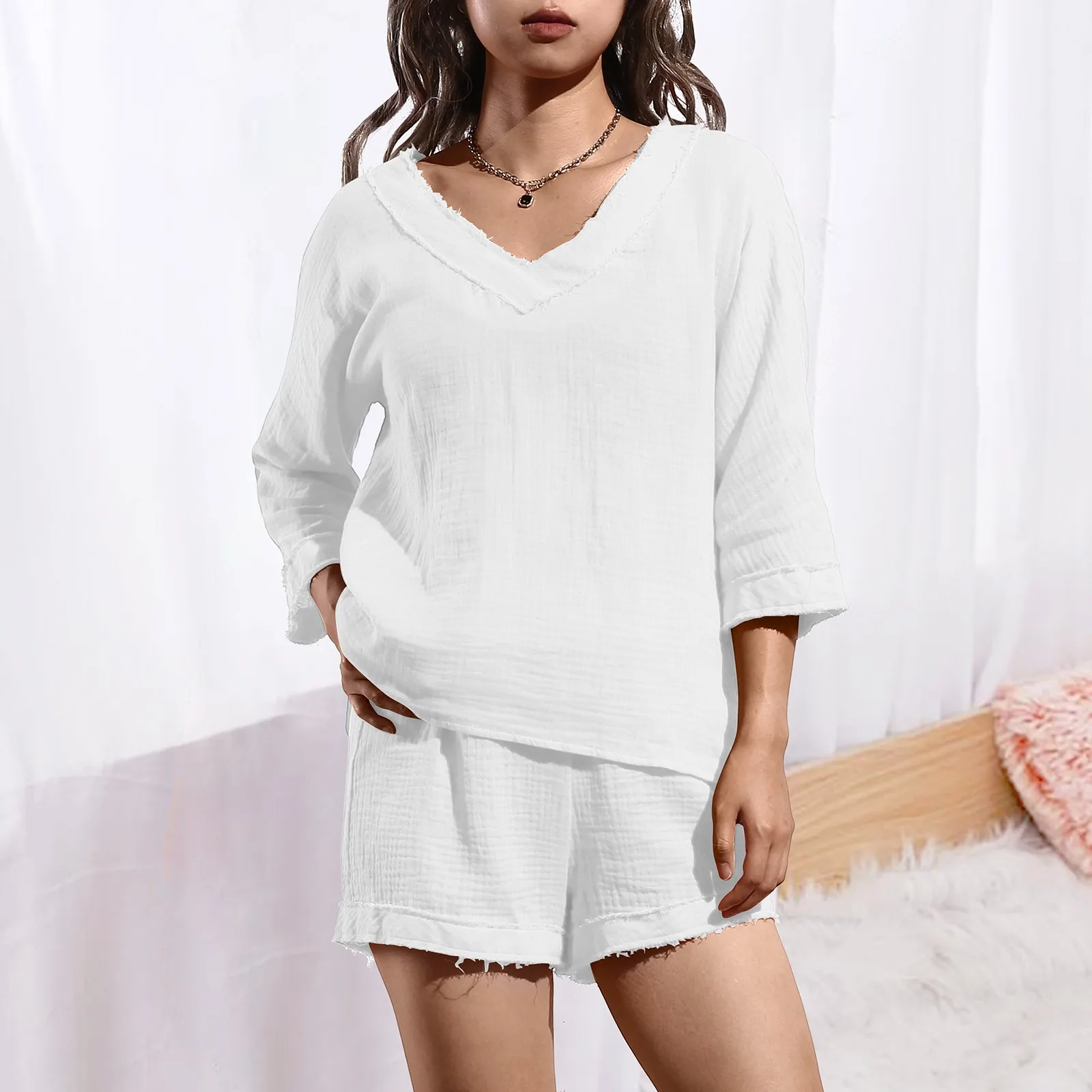 Muslin 100% Cotton Elegant Women\'S Sets Sexy V-Neck Short Sleeve Tees + Wide Leg Shorts Set For Women 2 Pieces Casual Tracksuit