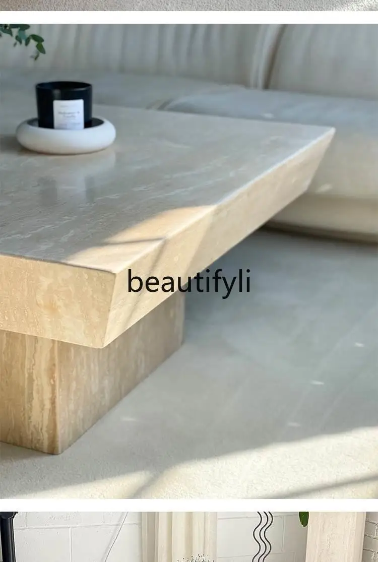 Natural marble coffee table household living room light luxury high-end small apartment rectangular cave stone coffee table