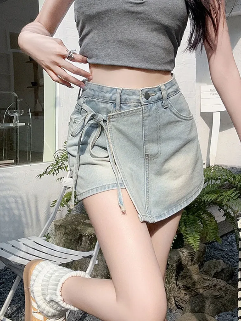 Zomer hoge taille ort ort orts dames denim rok broek knoop stropdas ontwerp onregelmatige verval pittige meisjesbroek