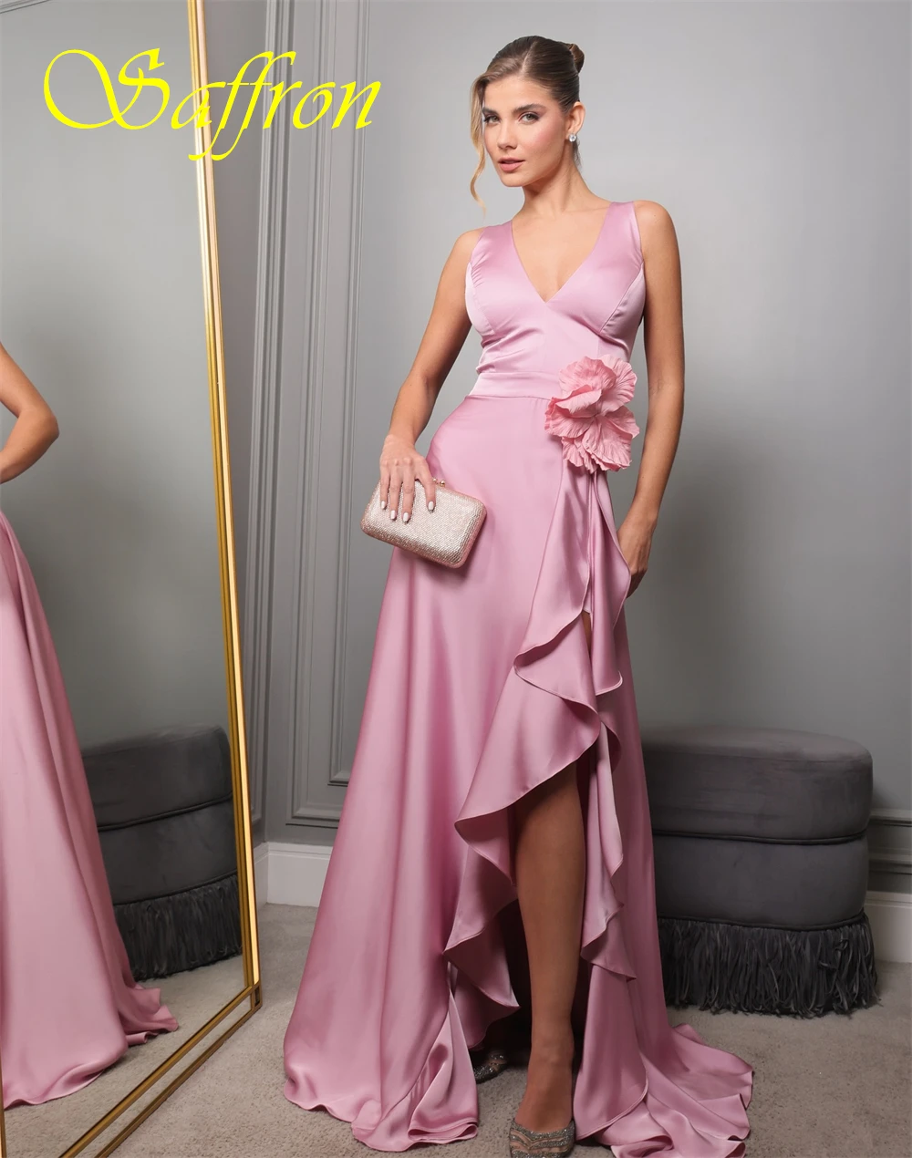 Op maat gemaakte sexy satijnen avondjurk met zijsplitten Sierlijke bloemen Galajurken Mode V-hals Mouwloos Jurken voor speciale gelegenheden