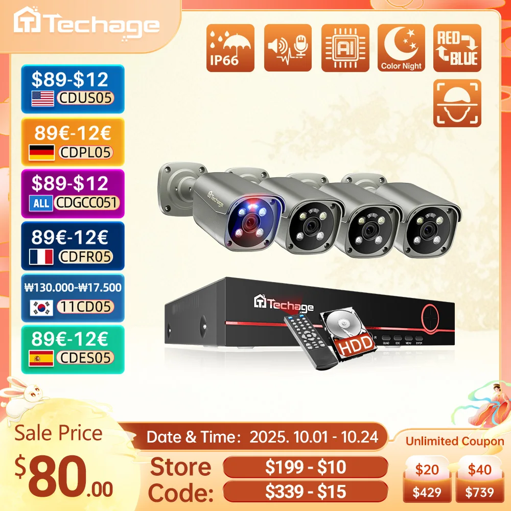 

Techage 4K 5MP 8MP Система камер наблюдения H.265 8CH POE NVR Комплект обнаружения человека Красный свет Сигнализация CCTV P2P Видео Аудио