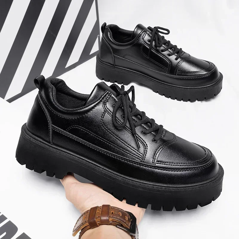 Men's Casual Leather Shoes Thick-soled Low-top Retro Black Small Leather Shoes Men's Round-toe Design Classic Casual Trendy Shoe