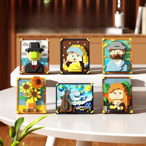 Bloques de construcción de ensamblaje de pintura de fama mundial, marco de pintura al óleo de píxeles creativo, decoración de bloques de construcción de girasol, superventas