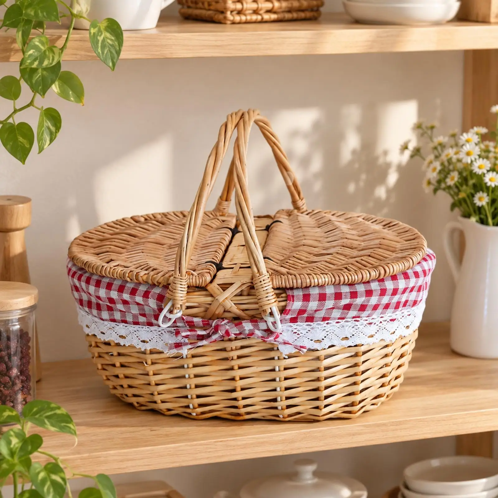 Handwoven Wicker Storage Basket with Lid Oval Picnic Container Twin Handle Lace Trim for Kitchen Counter Organization