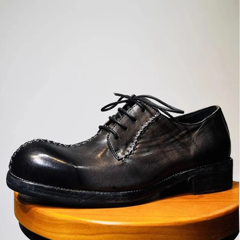 England Style Horse Leatherr Hand Sewn Casual Derby Shoes for Men's Retro Thick Soled Dress Shoes Outdoor Walking Low-top Shoes