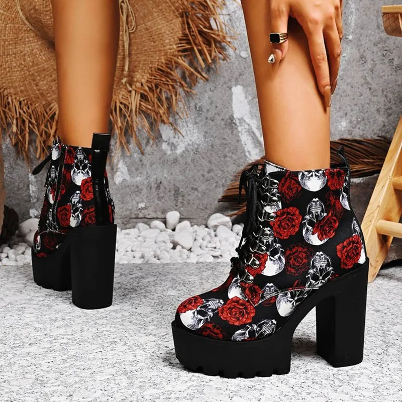 جديد مطبوعة سميكة سوليد أحذية بوت قصيرة جولة تو الجبهة الدانتيل متابعة لينة وحيد عدم الانزلاق كعب سميك كعب جلد حذاء بوت بطول الكاحل بوتاس موهير #6