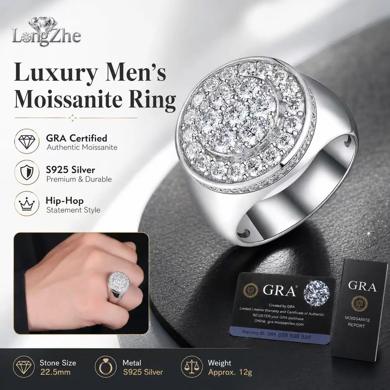 

GRA Certified 2.7CT Moissanite Men's Hip Hop Ring 925 Sterling Silver Pave Set Statement Ring for Men Size 8-12