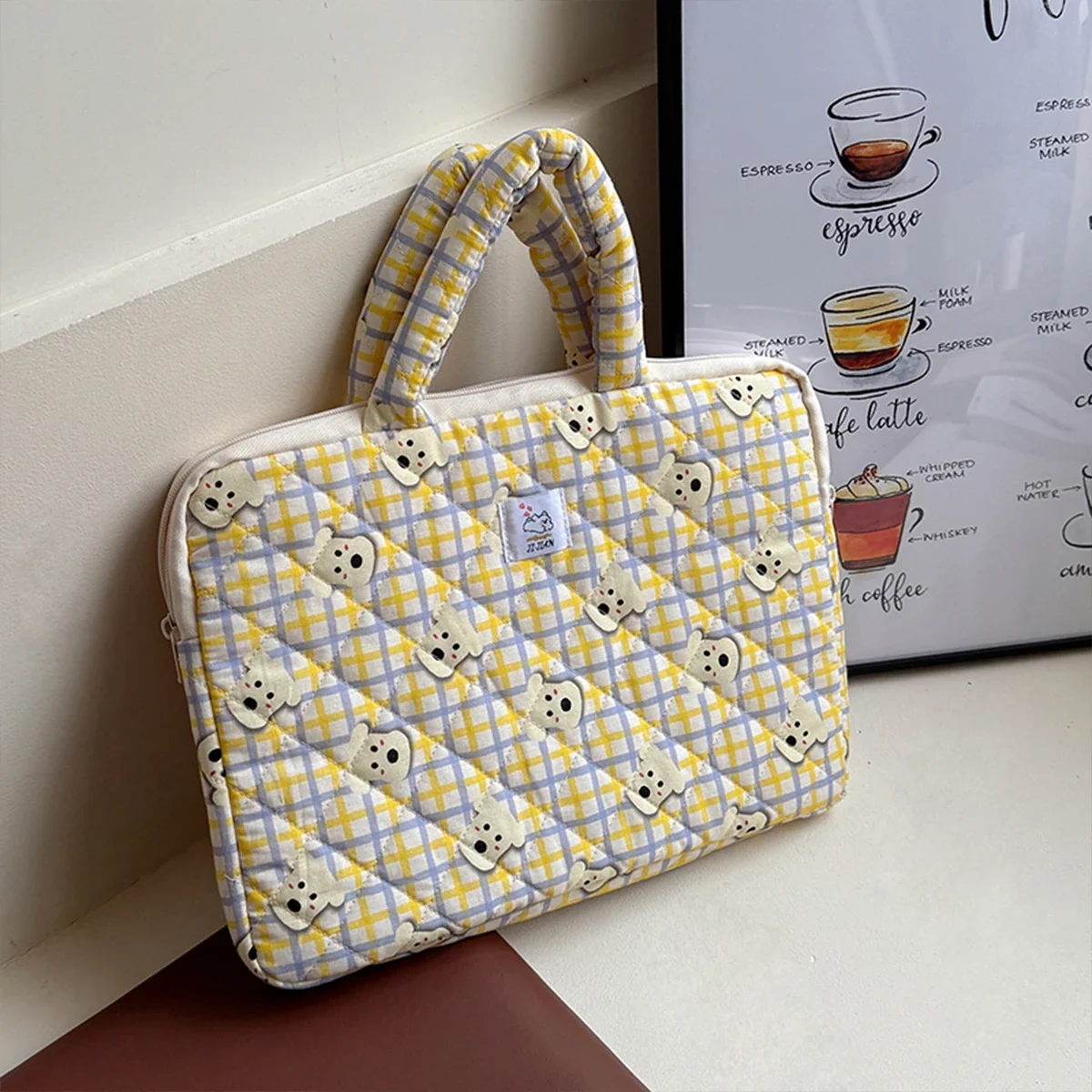 Business Daily Use Ladies Work Tote Laptop Case Nylon Material Cartoon Pattern Decor Quilted Waterproof Anti Shock Zippered