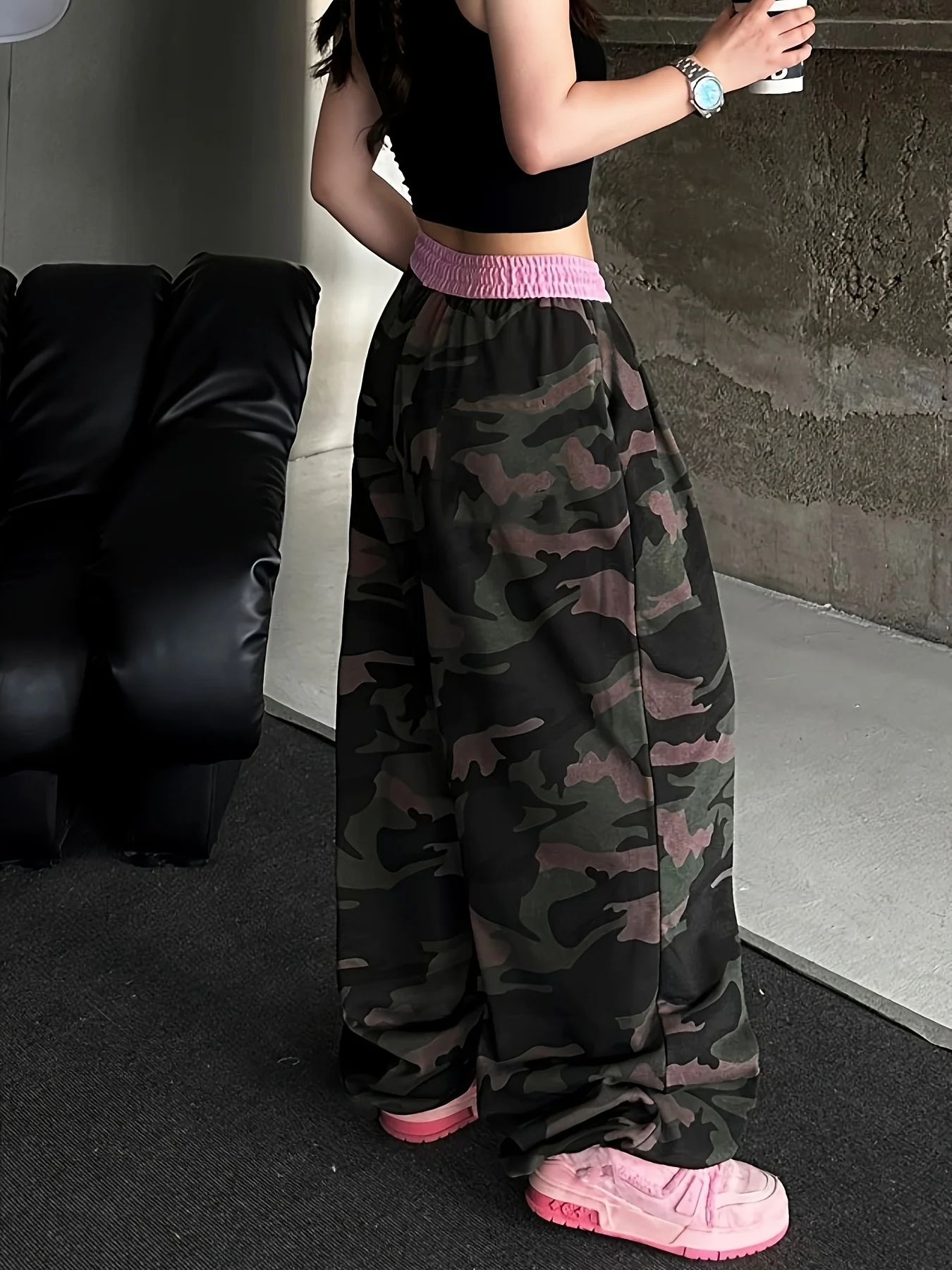Fashion Pink Waist Camo Print Pants Quick Dry Breathable Loose Fit Trousers Streetwear High Waist Casual Pants for Women & Kids