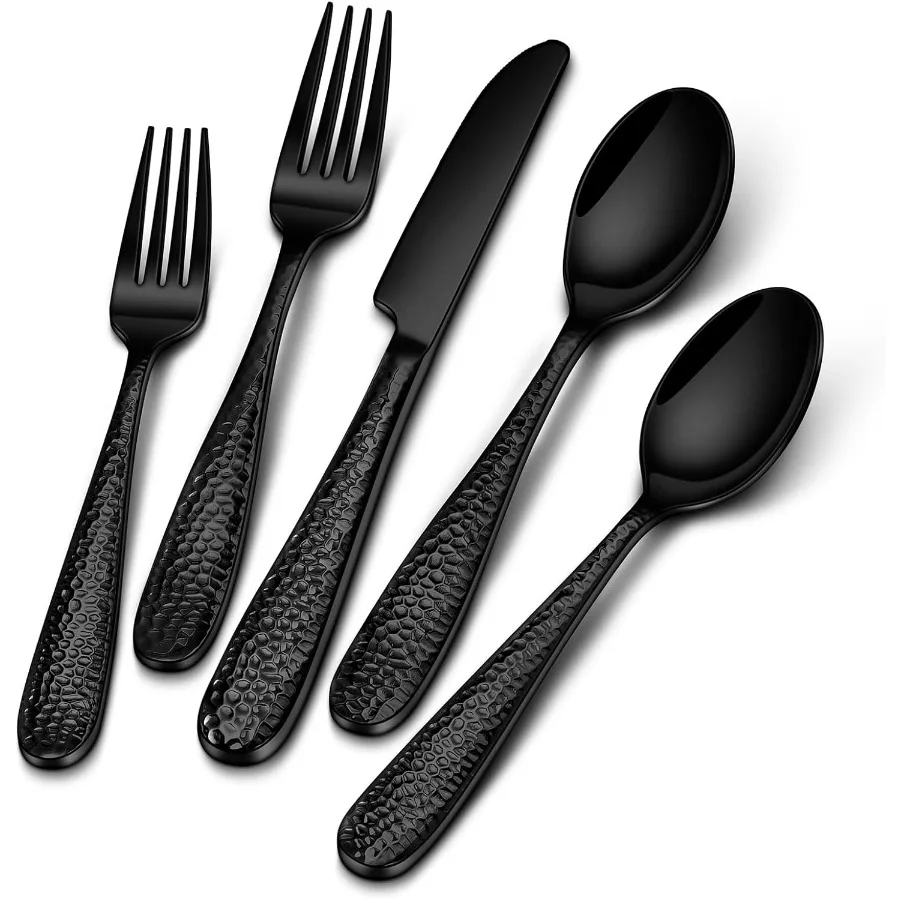 

Набор из 20 черных кованых столовых приборов из нержавеющей стали, сверхпрочные столовые приборы для 4 пищевых зеркальных столовых приборов, в комплект входят для