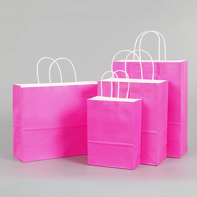 10Pcs Festival Gift Kraft Bag Hot Pink Shopping Bags DIY Multifunction Recyclable Paper Bag With Handles 4 Size Optional