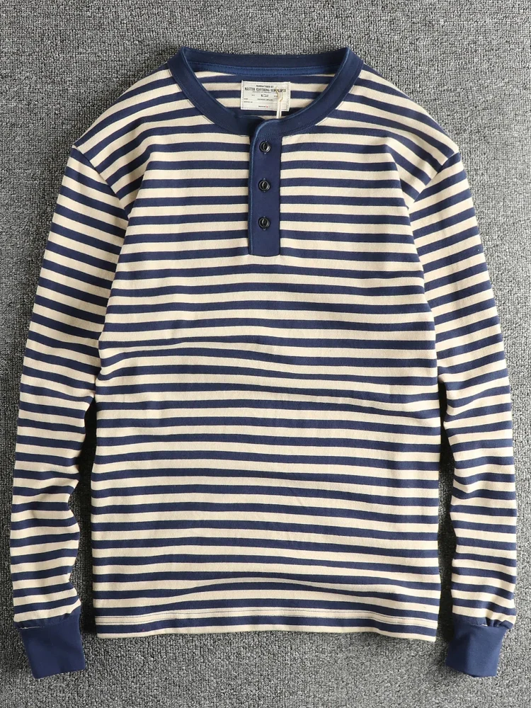 الخريف الأمريكية الرجعية 280 جرام الوزن الثقيل هنري طوق تي شيرت مخطط الرجال بسيط 100% القطن غسلها عادية فضفاض صعبة الرجل القمم