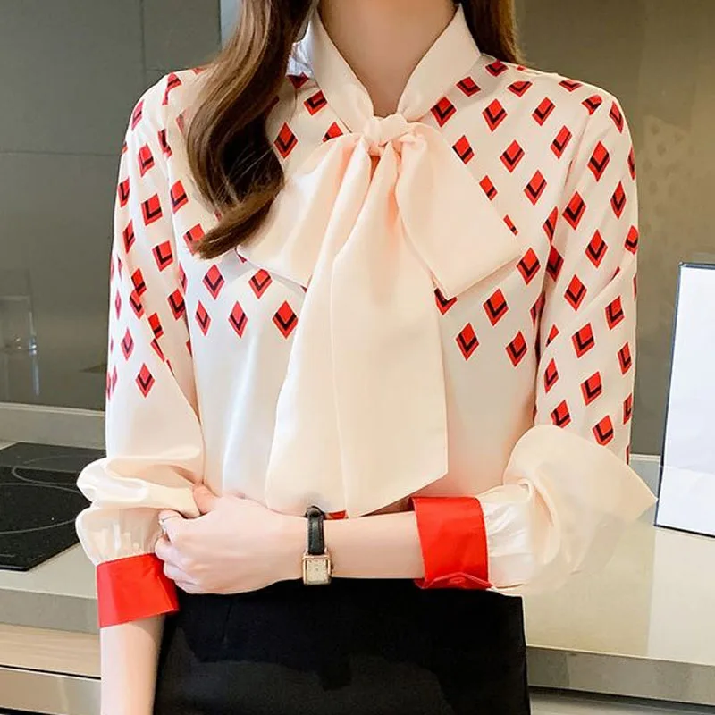 Elegant Fashion Long Sleeve Women\'s Printed Spliced Shirt Korean All-match Scarf Collar Lace Up Chiffon Blouse Female Clothing