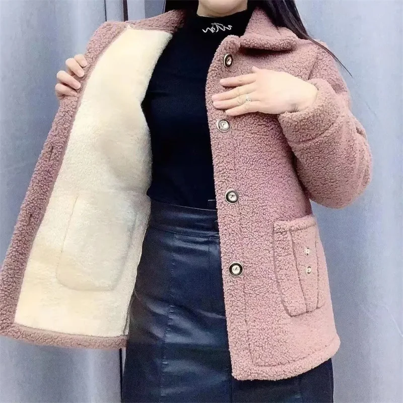 

2022 New Autumn Winter Jacket Velvet Thick Warm Coat Women Faux Lamb Fur Coat Lady's Grain Velvet Loose Coat Female Jacket
