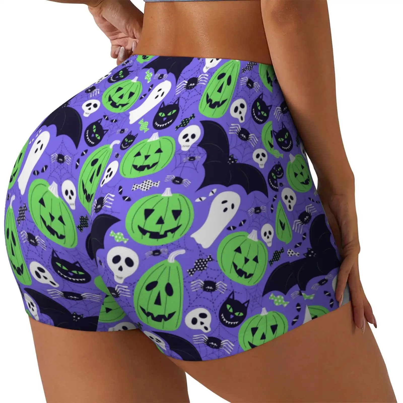 Cute Halloween Print Workout Shorts for Women Seamless Soft Smooth Gym Yoga Scrunch Active Shorts