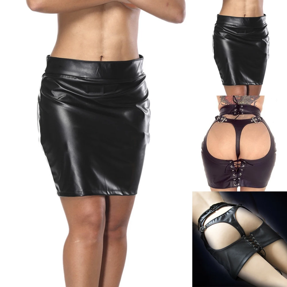 Sexy Women Open Hip Mini Skirt Party Clubwear Open Butt Faux Leather Black Wet Look PU Leather Bodycon Fetish Club Erotic Skirt