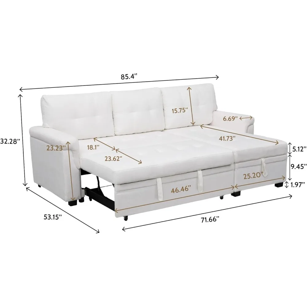 Tufted Pull Out Couch with Storage, Sectional Sofa Bed, L-Shaped Reversible Sleeper Sofa with Storage, White,Air Leather