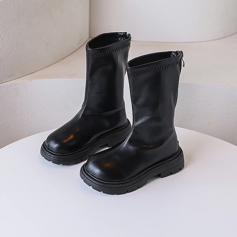 أحذية الخريف للأطفال جولة تو تنوعا الفتيات منتصف العجل الأحذية أزياء الاطفال عارضة الأميرة منصة الأحذية الجلدية عدم الانزلاق