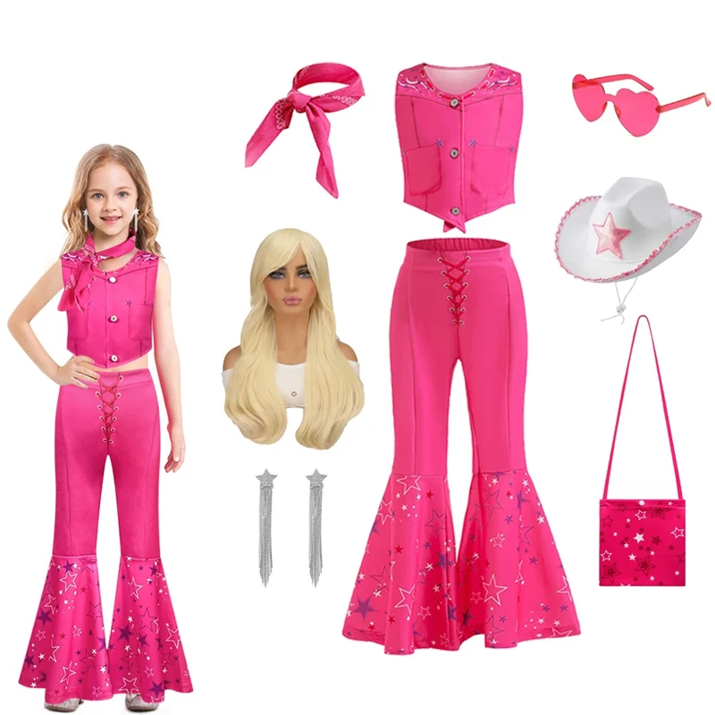 Margot Robbie Barbe Movie Barbi Costume for Toddler Girls Pink Top and Flared Trousers Suit Kids Halloween Birthday Party Clothe