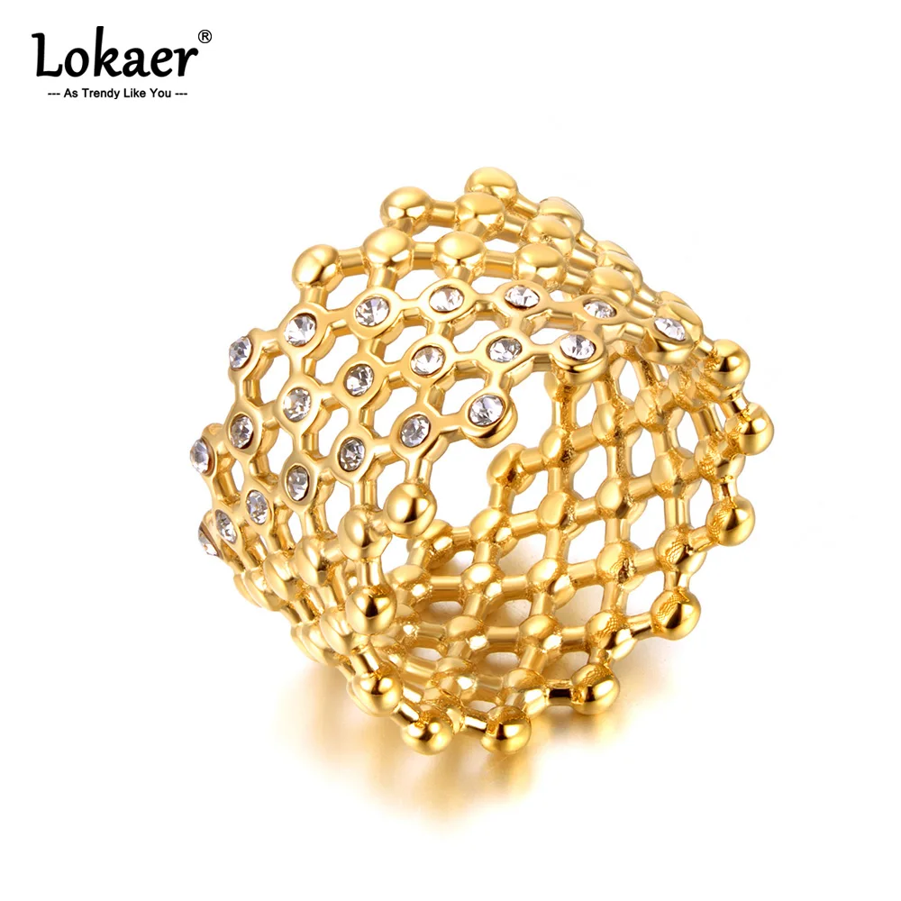 Lokaer Cubic Zircon CZ Stone Crystal Wide Ring Biżuteria damska Stal nierdzewna Wodoodporne 18-karatowe pozłacane pierścionki R24002