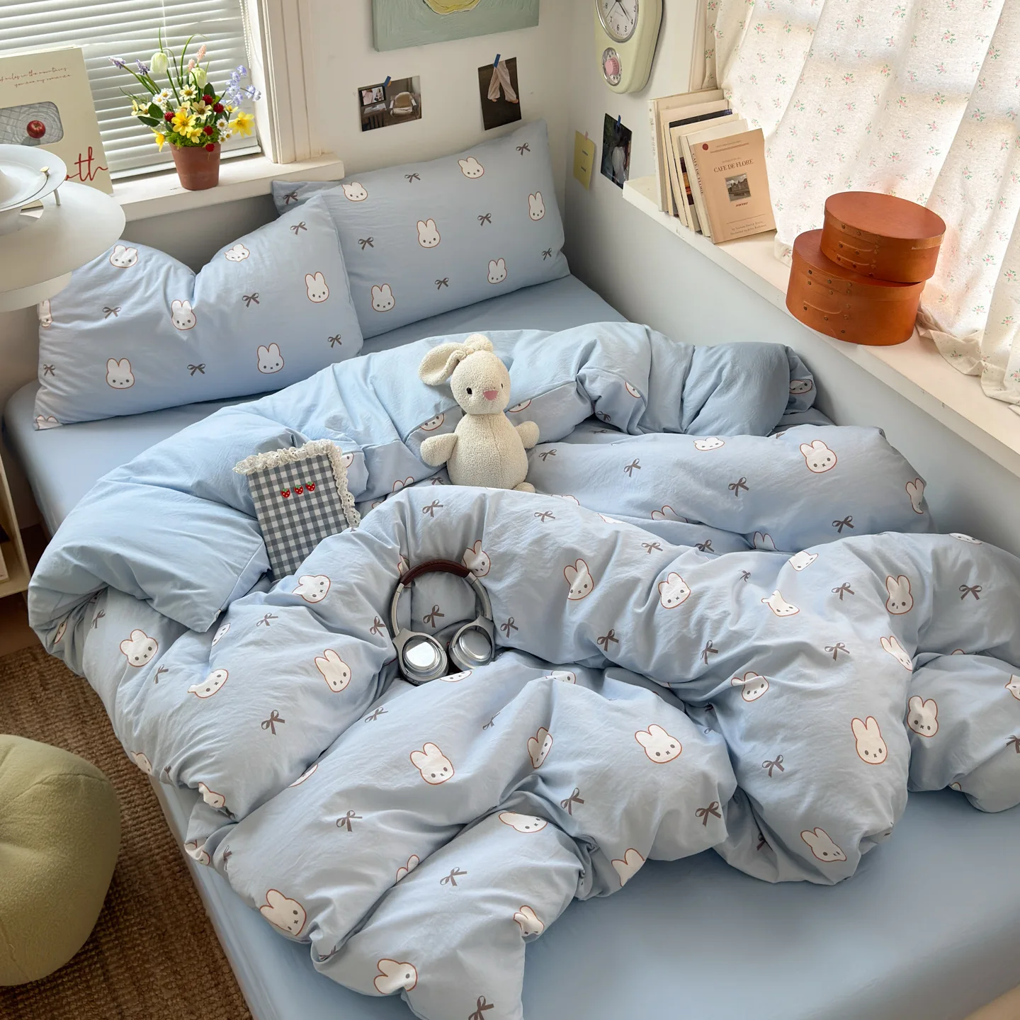 Ins Super Soft Washed Cotton Bedding Set 4‑Piece, Sheet Duvet Cover, Bed Fitted Sheet for Student Dorm