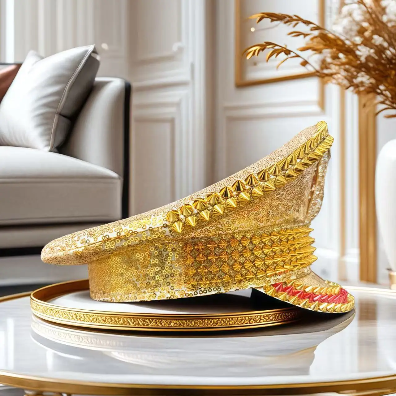 Czapka Kapitańska HongLuan z Żółtą Laserową Skórzaną Pętelką, Ozdobiona Cyrkoniami, Czapki Wojskowe dla Kobiet, Akcesoria na Festiwale Rave i Czapka Imprezowa dla Mężczyzn