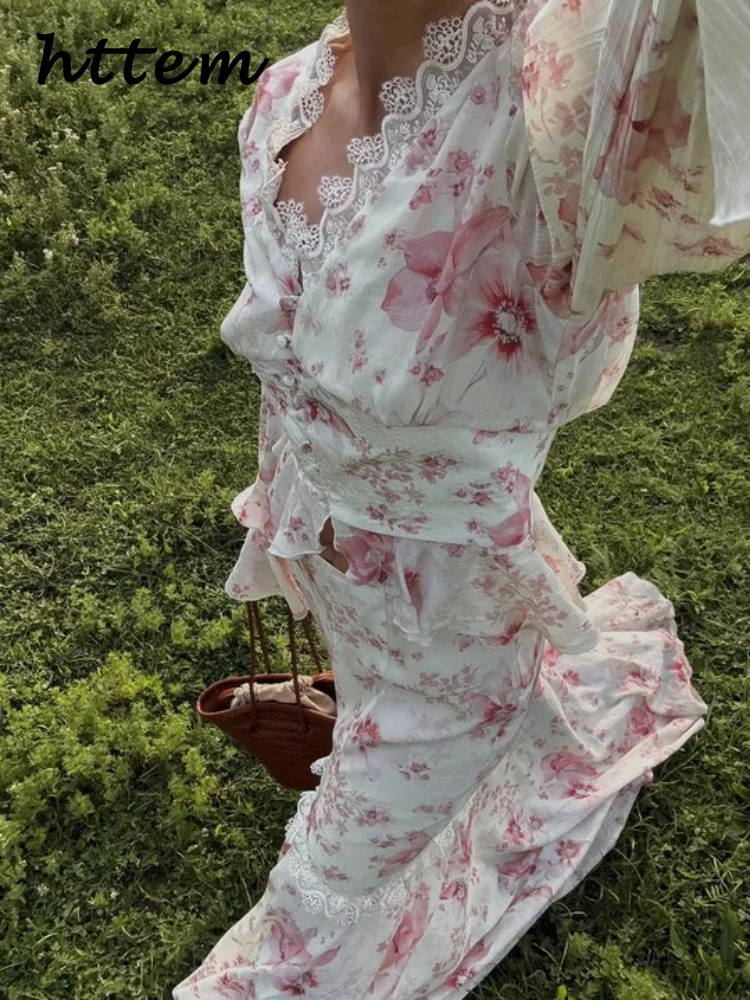 Elegant Printed Ruffles Mermaid Long Skirts Sets Women V-neck Flare Sleeve Shirts Hip Package Skirt 2025 Summer Lady Holiday Set