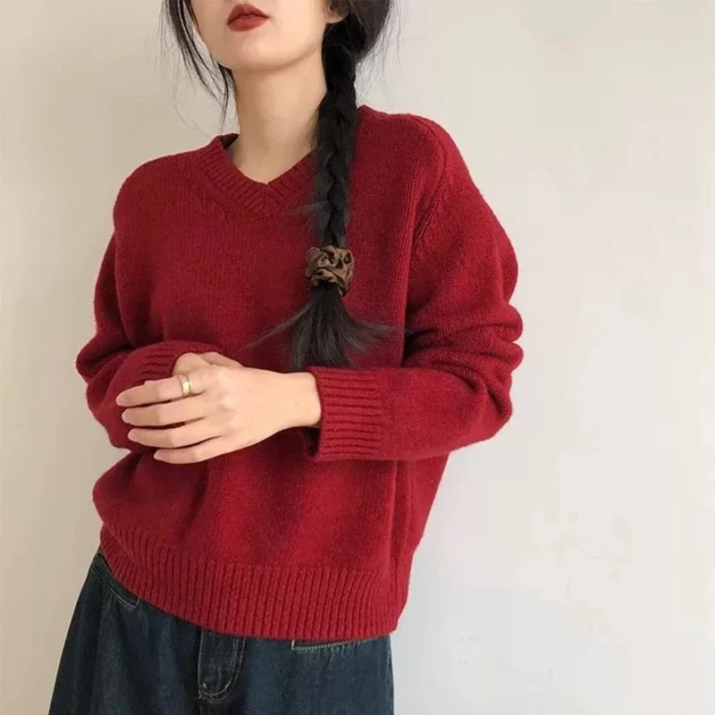 Women V Neck Red Knitted Sweater Lazy Soft Loose Casual Pullover Autumn Winter Basic Tops