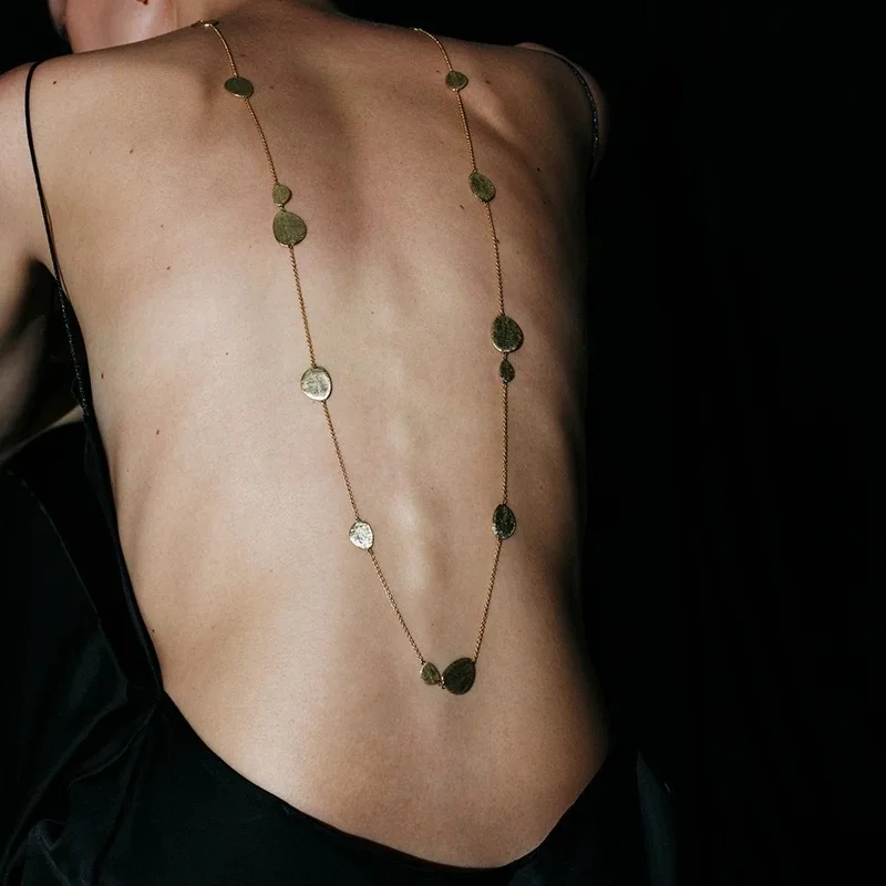 Designer Style Brushed Metal Slice Long Necklace, Vintage High-end Unique Clavicle Chain Fashion Elegant Jewelry For Women