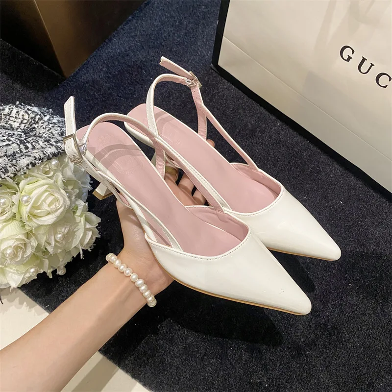 2025 Summer Sandals Stiletto Heels All-Match Low-Heeled Shoes With Strap Suit Female Beige Low-heeled Comfort Black Leather Fash