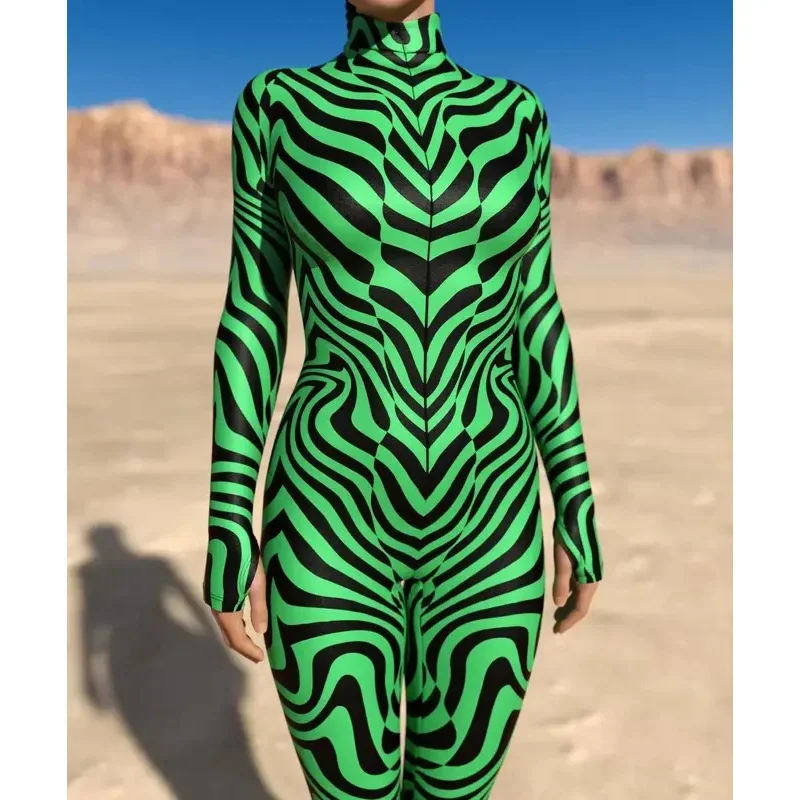 Tuta da donna con linee irregolari artistiche Tuta cyber punk Festa di Halloween Costume cosplay Performance Pagliaccetto Zentai Suit