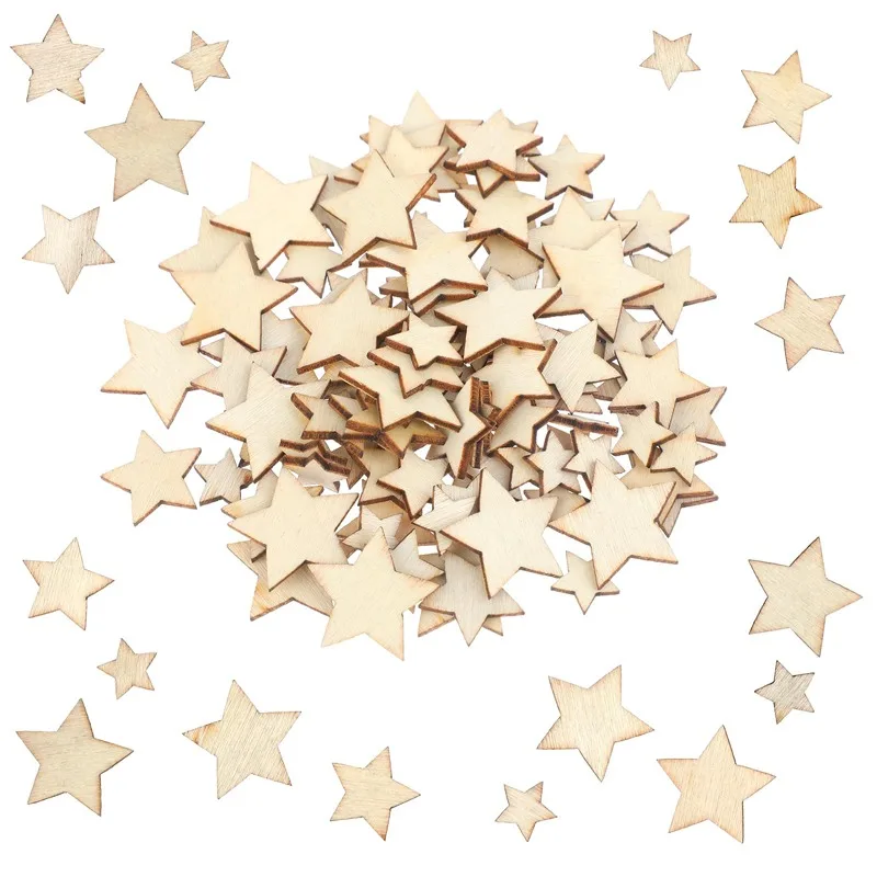 100pcs/lot Unfinished Wooden Stars/Heart Ornaments, Assorted Size Cutout Blank Wood Pieces Cutouts for Christmas Wedding Decor