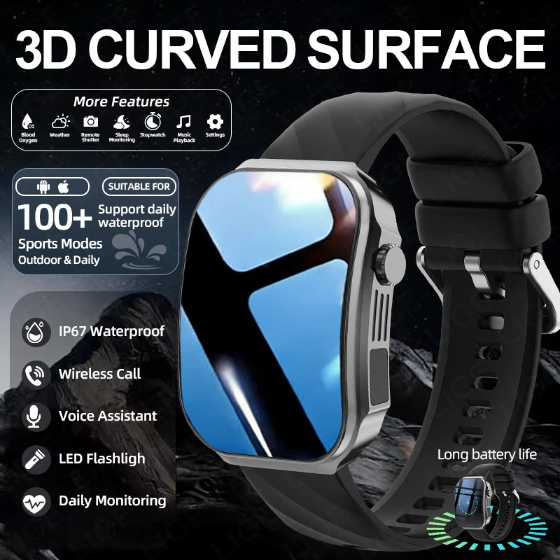 

Смарт-часы с большим HD-дисплеем 2,2 дюйма, новинка 2026 года, 3D изогнутый экран, Bluetooth-звонки, водонепроницаемые, с фонариком, для активного отдыха, мужские