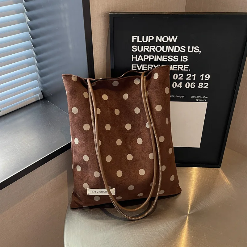 Korean Vintage Polka Dot Shoulder Bags for Women Autumn Casual Lightweight Laides Tote Bag Simple Portable Female Handbag