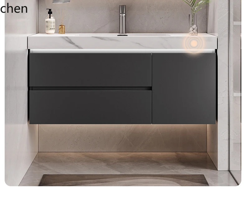 Rock Slab Ceramic Seamless Integrated Basin Bathroom Cabinet Set Washroom Sink Cabinet