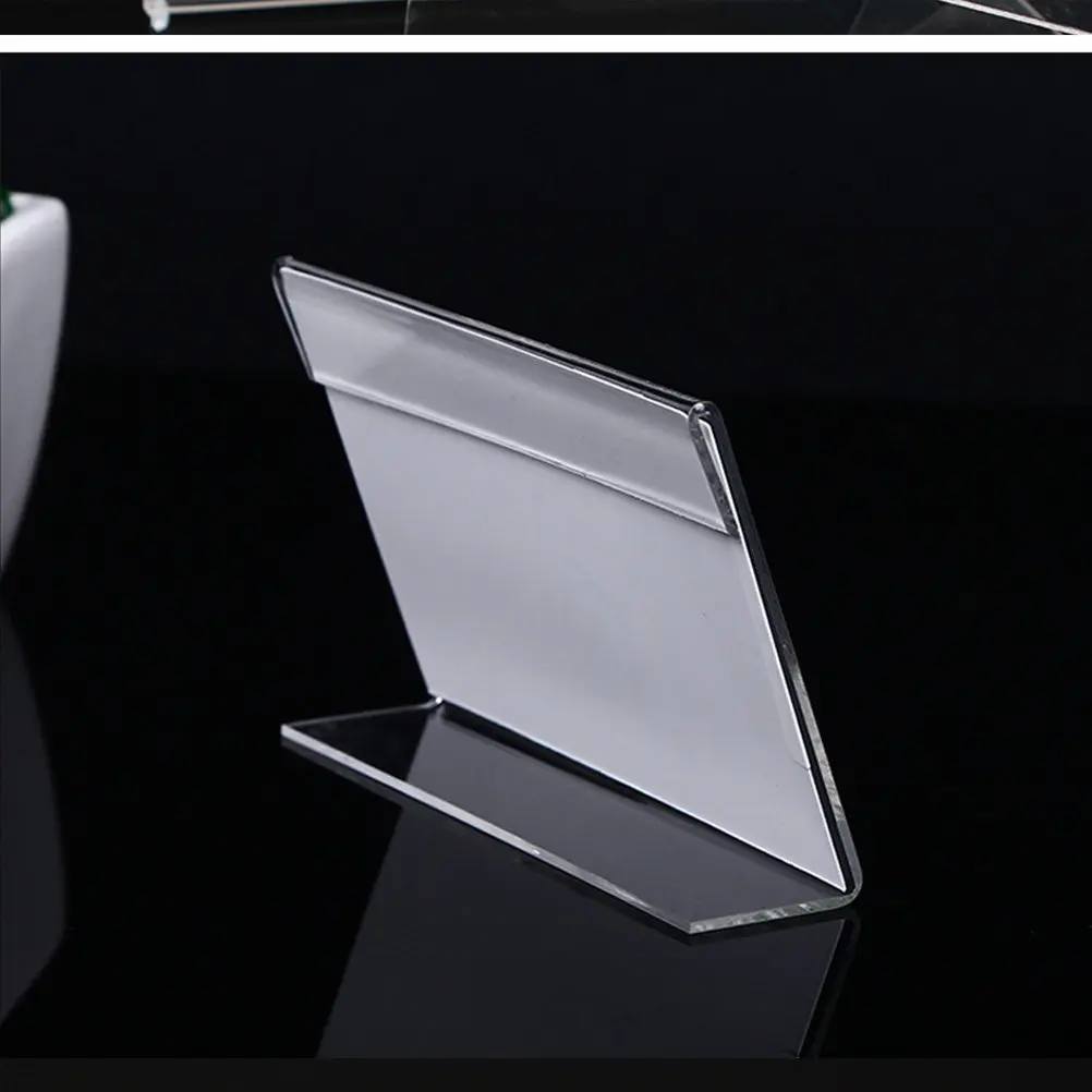 50Pcs Transparent L Shape Acrylic Display Stands Desktop Sign Holders Slanted Design for Menus Price Lists Advertisements