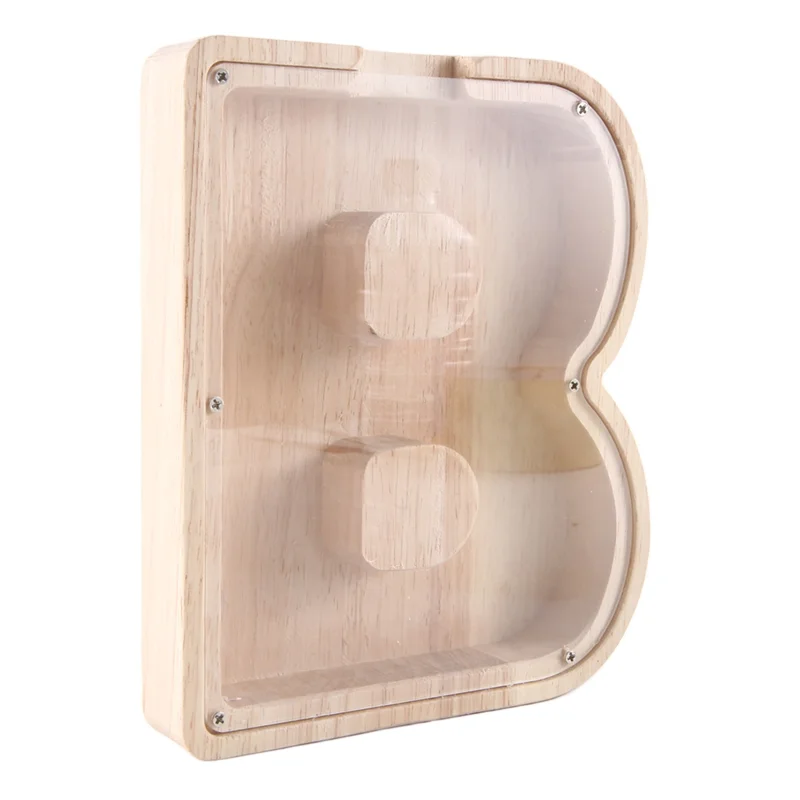 1 ชิ้นตัวอักษรไม้ Piggy Bank ตัวอักษรภาษาอังกฤษ Savings Jar แก้วใสเหรียญ Jar B