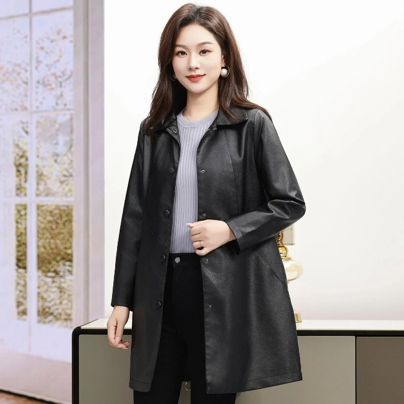 

​High Quality Leather Windbreaker Women's Mid Length Slim Fit 2025 Spring Autumn Casual Outerwear​