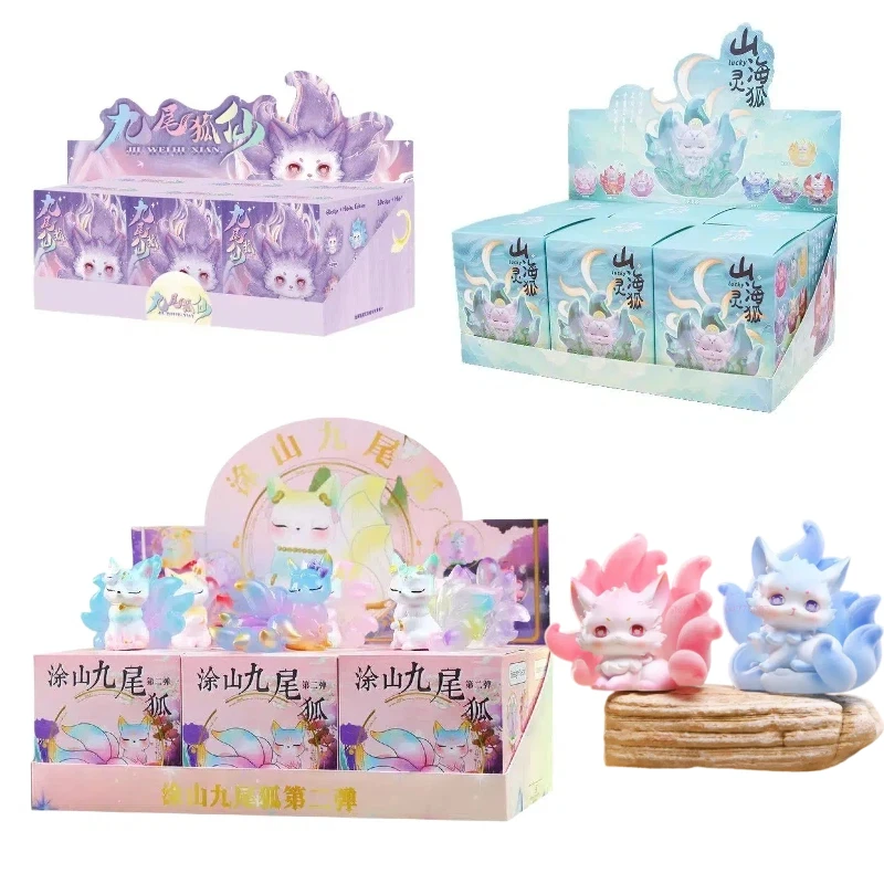 

6PCS Nine Tailed Fox Blind Box Chinese Style Flocked Mythical Figurine Desktop Decor Trendy Play Ornament Holiday Gift Anime Toy