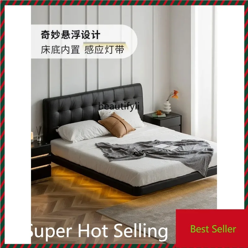 

QQ132 Light Luxury Modern Minimalist Suspension Bed Minimalist Italian Soft Cushion Leather Bed Master Bedroom Leather Double Be