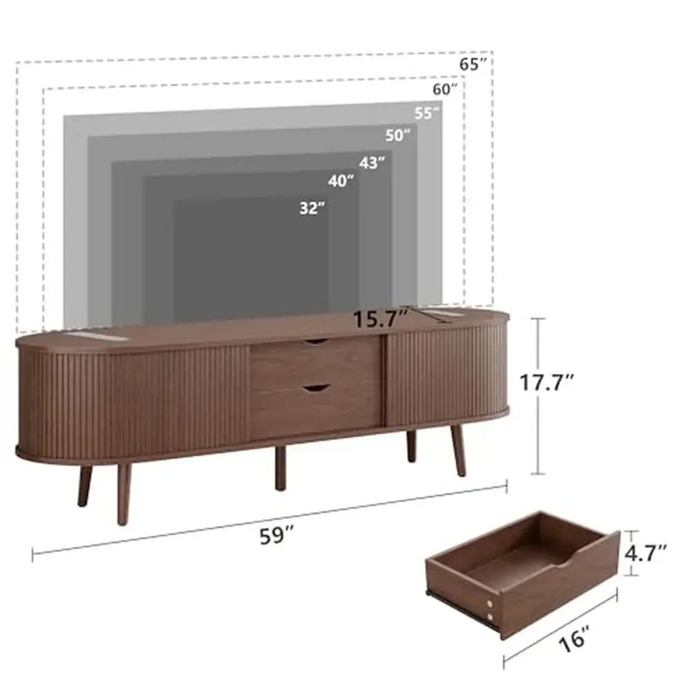 Mid Century Modern TV Stand Charging Station Drawer Shelf Sliding Doors Curved Edge Media Console Table Cable Management Oval