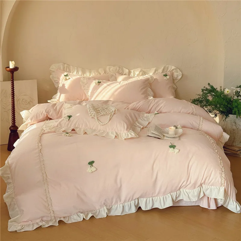 3/4Pcs Korean Princess Style Ruffles Washed Cotton Bedding Set Single Queen King Size Duvet Cover Set Bed Sheet Pillowcases