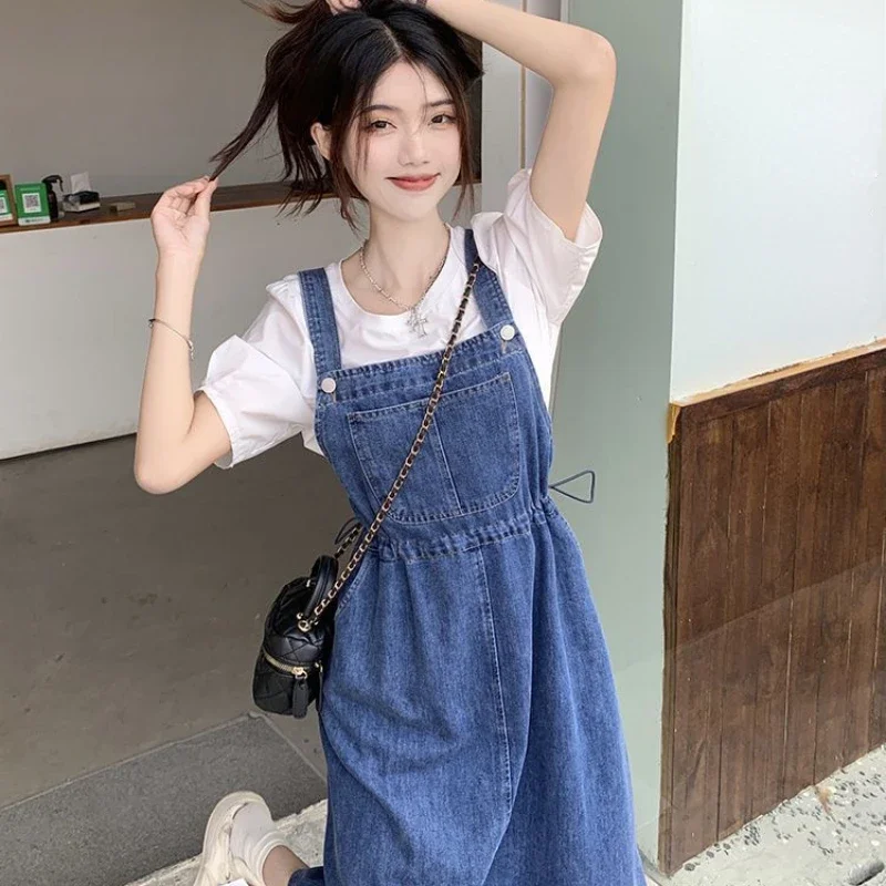 2024 Fashion Women Denim Suspender Skirt Spring Summer Causal Strap Skirt Female High Waist A-line Solid Lace-up Women Skirt