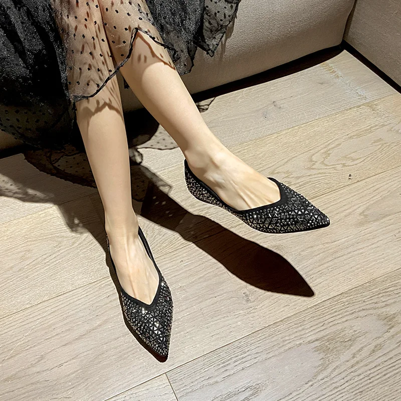 Scarpe donna calzature femminili comode ed eleganti appartamenti neri punta quadrata cristallo bocca poco profonda abito autunnale strass estivo