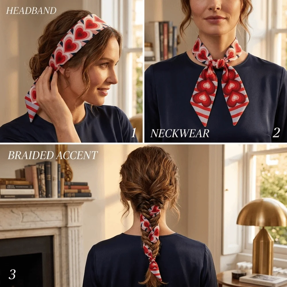 New Striped Slender Scarf Heart Pattern 120cm Length Neck Scarf Double Layer Small Satin Scarf Accessory Decoration