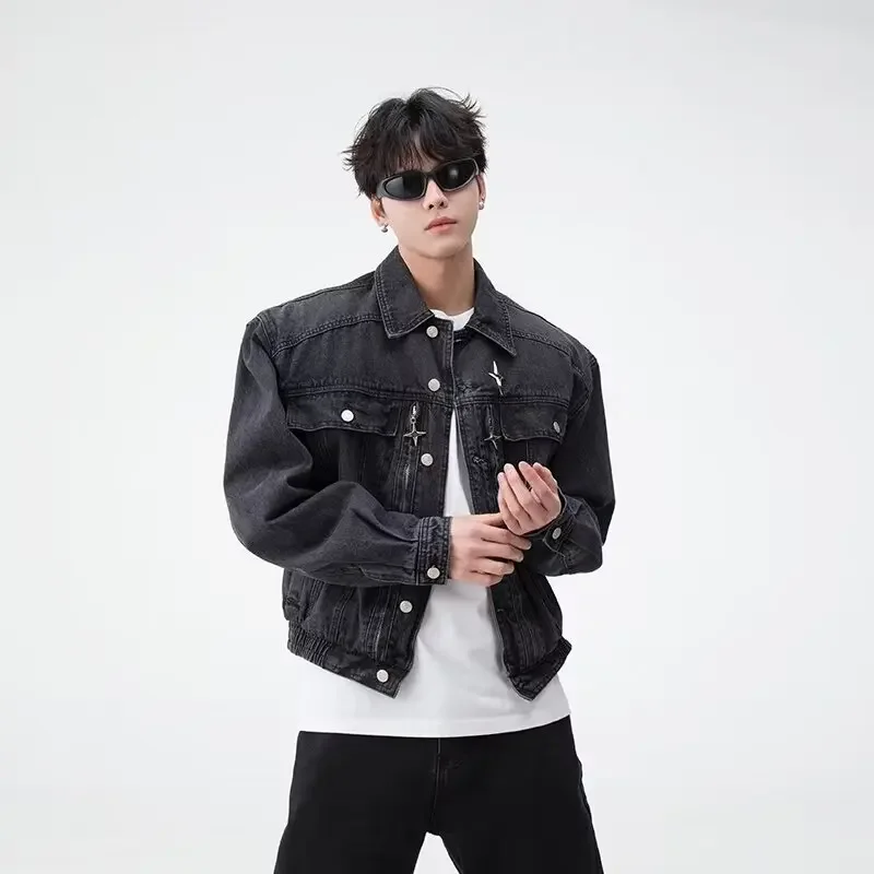 Korean Style Niche High-end Metal Denim Jacket For Men Autumn Washing Workwear Distressed Vintage Cropped Jacket Casual Clothing